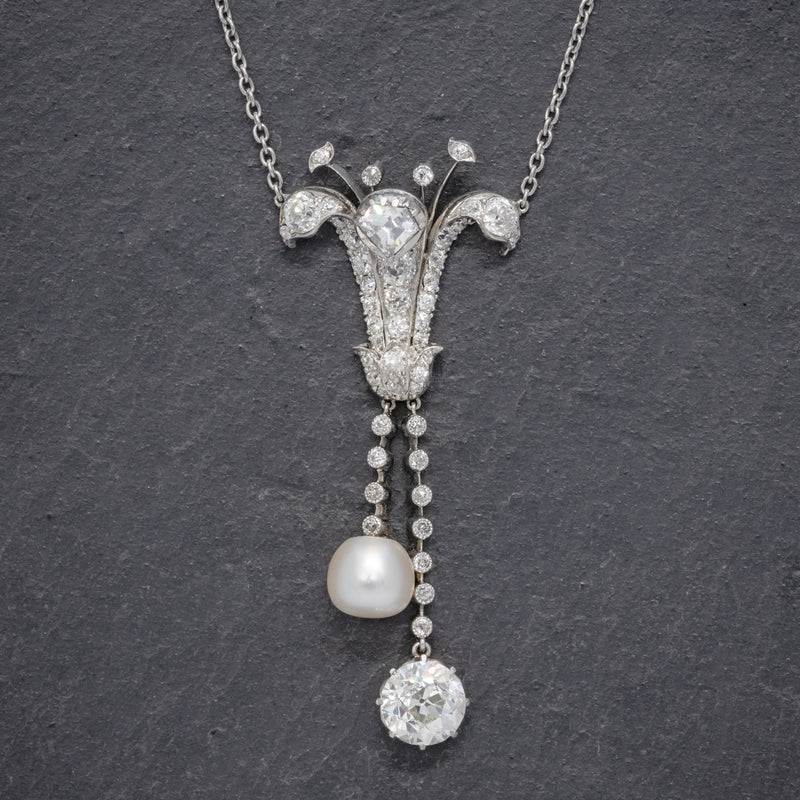 VINTAGE ART DECO DIAMOND LILY PENDANT NECKLACE PLATINUM 5CT OF DIAMOND CIRCA 1925 CERT FRONT