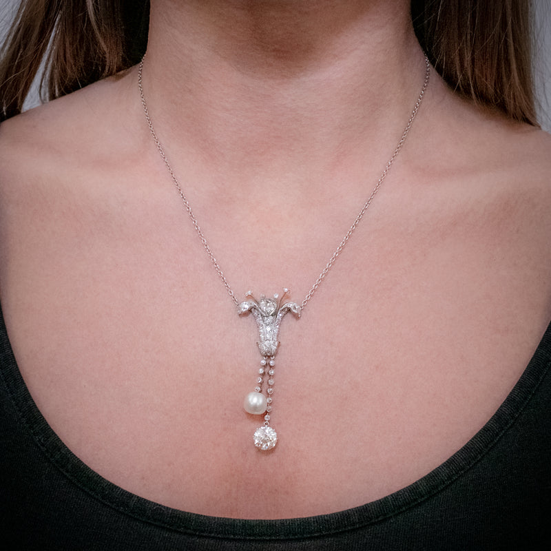 VINTAGE ART DECO DIAMOND LILY PENDANT NECKLACE PLATINUM 5CT OF DIAMOND CIRCA 1925 CERT WORN