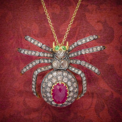 VINTAGE SPIDER PENDANT NECKLACE 2.80CT RUBY 18CT GOLD SILVER BROOCH COVER