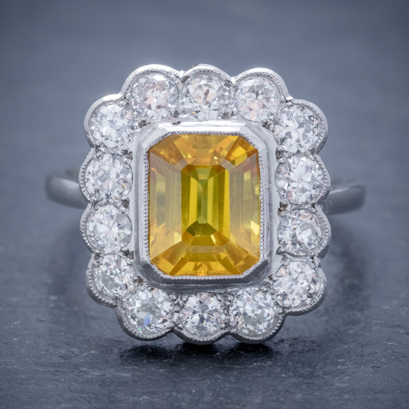 YELLOW SAPPHIRE DIAMOND RING 18CT GOLD PLATINUM 2.50CT SAPPHIRE 1.50CT OF DIAMOND FRONT