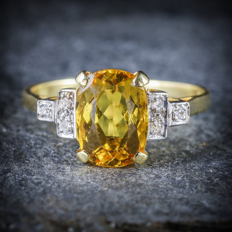 YELLOW BERYL AND DIAMOND TRILOGY RING 18CT GOLD ENGAGEMENT FRONT