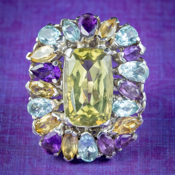 Art Deco Style Citrine Amethyst Aquamarine Cluster Cocktail Ring Sterling Silver