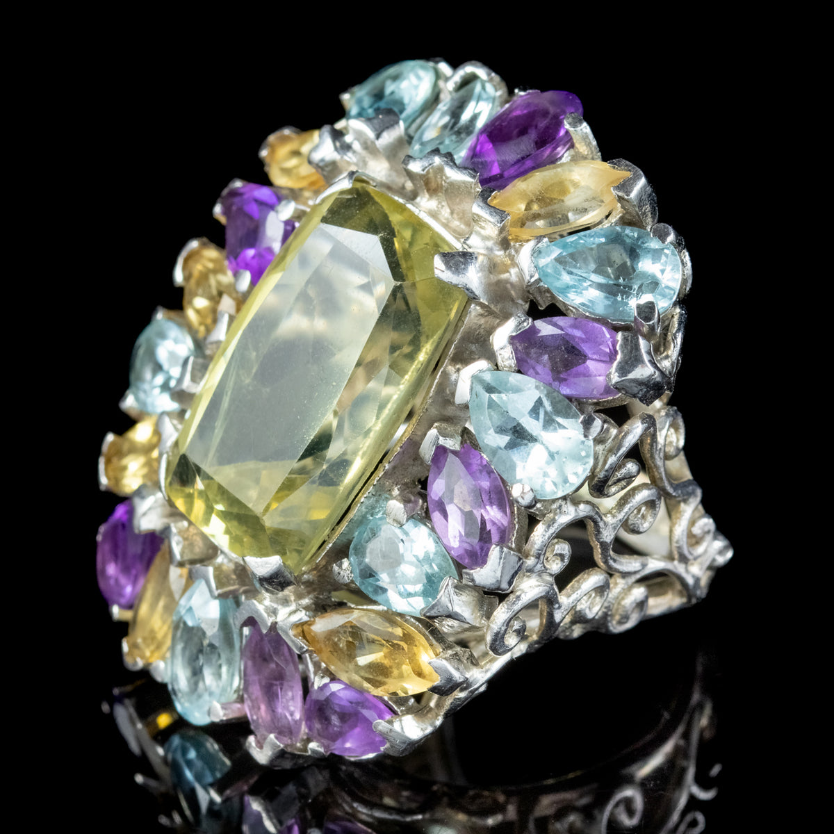 thumbnail image 2 of Silvershake Sterling Silver Cocktail Ring | Natural Amethyst, Rhodolite Garnet & London Blue Topaz | Vintage Cluster Design 2 of 11